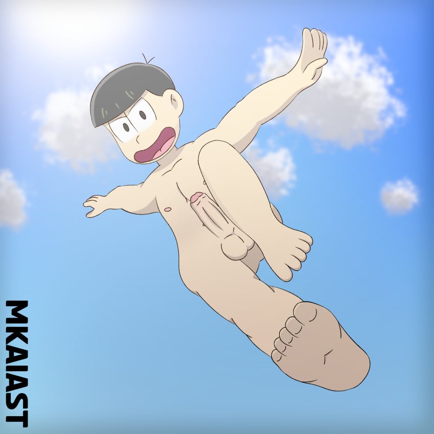 balls blurry_background erection feet foreskin genitals low-angle_view male male_only matsuno_jyushimatsu mid-air_suspension mkaiast naked nipples nude osomatsu-san outdoor outdoors penis pose posing posing_nude skinny sky toony uncut yaoi