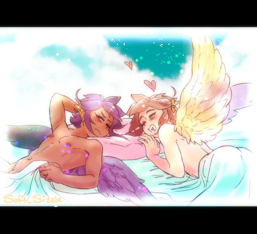 angel barely_visible_genitalia barely_visible_penis bed bed_sheet bedding blush brown_body brown_skin clothing dark_pit duo feathered_wings feathers furniture genitals hair heart_symbol hi_res humanoid kid_icarus light_body light_skin male male/male nintendo nipples not_furry penis pillow pit_(kid_icarus) signature soft_sizzle winged_humanoid wings