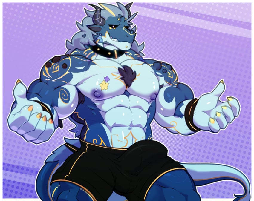 2023 2_horns abs anthro barazoku biceps big_muscles big_penis biped black_sclera blue_body blue_scales boxers_(clothing) boxers_only bulge claws clothed clothing collar curved_horn detailed_bulge dragon erection erection_under_clothing genitals hi_res horn humanoid_genitalia humanoid_penis looking_at_viewer male muscular muscular_anthro muscular_male mythological_creature mythological_scalie mythology pecs penis scales scalie solo standing topless underwear underwear_only wristband yellow_claws yellow_eyes zaflep