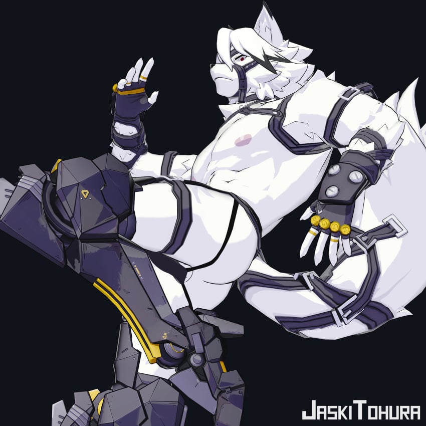 2024 3d_(artwork) 5_fingers abs action_pose anthro arm_tuft ass athletic athletic_male backsack balls bangs belt black_nose boots bulge butt_pose canid canine canis cel_shading cheek_tuft clothing digital_media_(artwork) elbow_tuft facial_tuft fighting_pose fingerless_gloves fingers footwear frown fur genitals gloves handwear harness hi_res high_heeled_boots high_heels jaskitohura jockstrap looking_at_viewer looking_down looking_down_at_viewer male male_only mammal mihoyo mostly_nude muzzle_(object) neck_tuft nipples on_one_leg pecs pose prosthetic prosthetic_leg prosthetic_limb raised_foot raised_leg raised_tail red_eyes shaded signature simple_background solo standing tail tuft underwear von_lycaon white_body white_fur wolf zenless_zone_zero