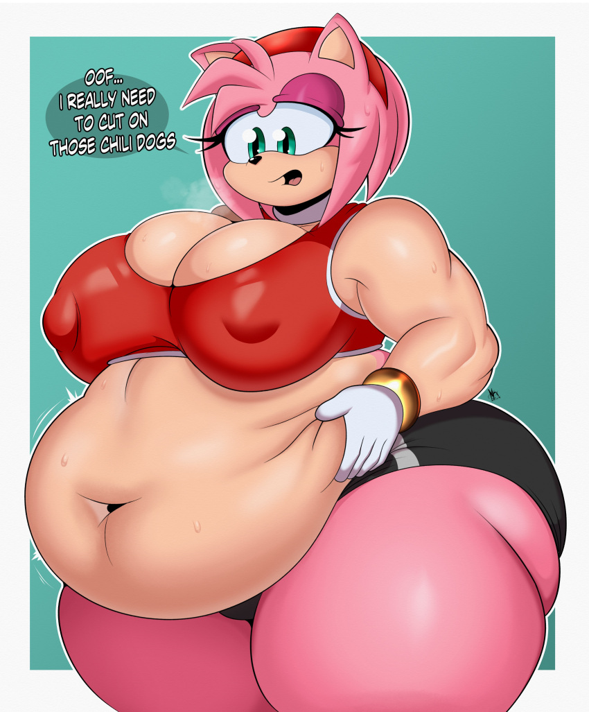 1girls 2024 absurd_res amy_rose bbw belly breasts chubby chubby_female english english_text female female_focus furry green_eyes holding_belly huge_belly huge_breasts huge_thighs looking_down mrxrickyx navel nipple_bulge obese pink_fur pink_hair plump sega solo solo_female solo_focus sonic_(series) sonic_the_hedgehog_(series) speech_bubble text thick_thighs thighs voluptuous