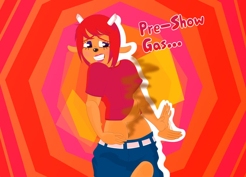 2021 animal animal_ears animal_nose anus back back_view background barefoot belt blue_eyes dialogue embarrassed embarrassed_female fart fart_fetish farting female grimace horns jeans jeans_down lamb lammy_lamb lips lipstick minimalist_background outline parappa_the_rapper pink_lipstick playstation red_hair red_shirt shaded short_hair smell_fetish smelly sony sony_corporation sony_interactive_entertainment stinkify stinky tail tan_skin text um_jammer_lammy waving_hand white_belt