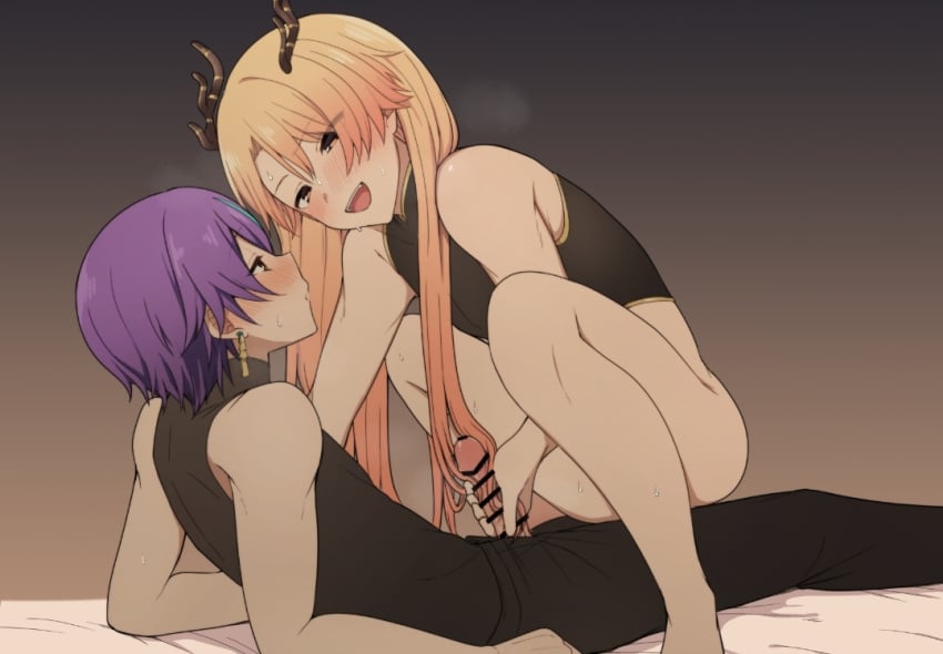 blonde_hair grabbing_penis hairjob horns kamishiro_rui long_hair no_pants project_sekai sitting_on_lap tenma_tsukasa