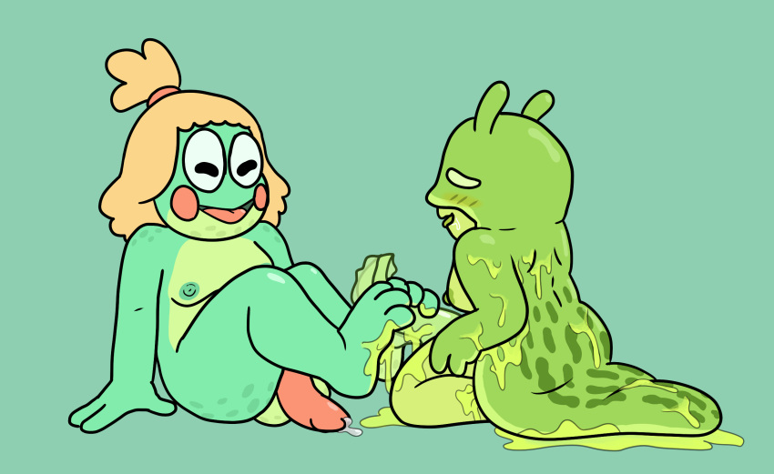 3_toes amphibian anatomically_correct anatomically_correct_penis animal_genitalia animal_penis anthro anthro_on_anthro balls blonde_hair blush breasts cum cum_drip cum_on_ground cute dickgirl dripping drooling duo feet female foot_fetish footjob frog futanari gastropod green_skin hair happy happy_sex intersex male male_on_futa messy mollusk multicolored_skin nipples nude open_mouth penis saliva sex sitting slightly_chubby slime slime_on_feet slug smile spots straight thundraseapea toes tongue two_tone_skin