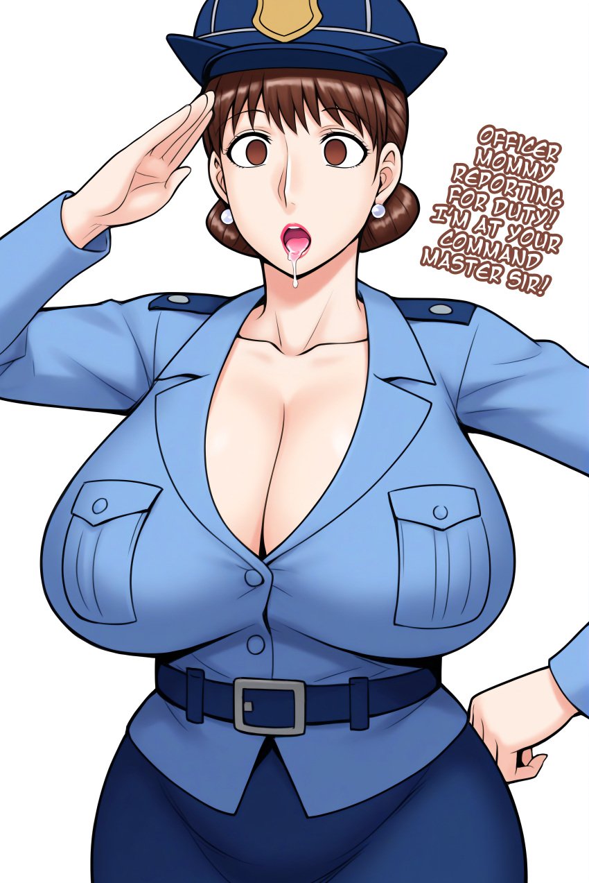 ai_generated belt brown_eyes brown_hair cleavage drool earrings empty_eyes expressionless hand_on_hip huge_breasts hypnosis ichijou_reiko_(jinsukeya) jinsukeya milf mind_control police_uniform saluting