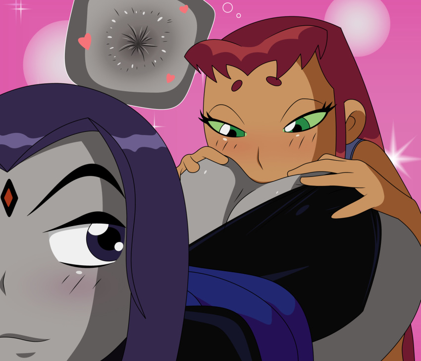 anal analingus anus ass bent_over blushing dc_comics huge_ass licking purple_hair rachel_roth randomrandom raven_(dc) red_hair smiling starfire straight_hair teen_titans yuri