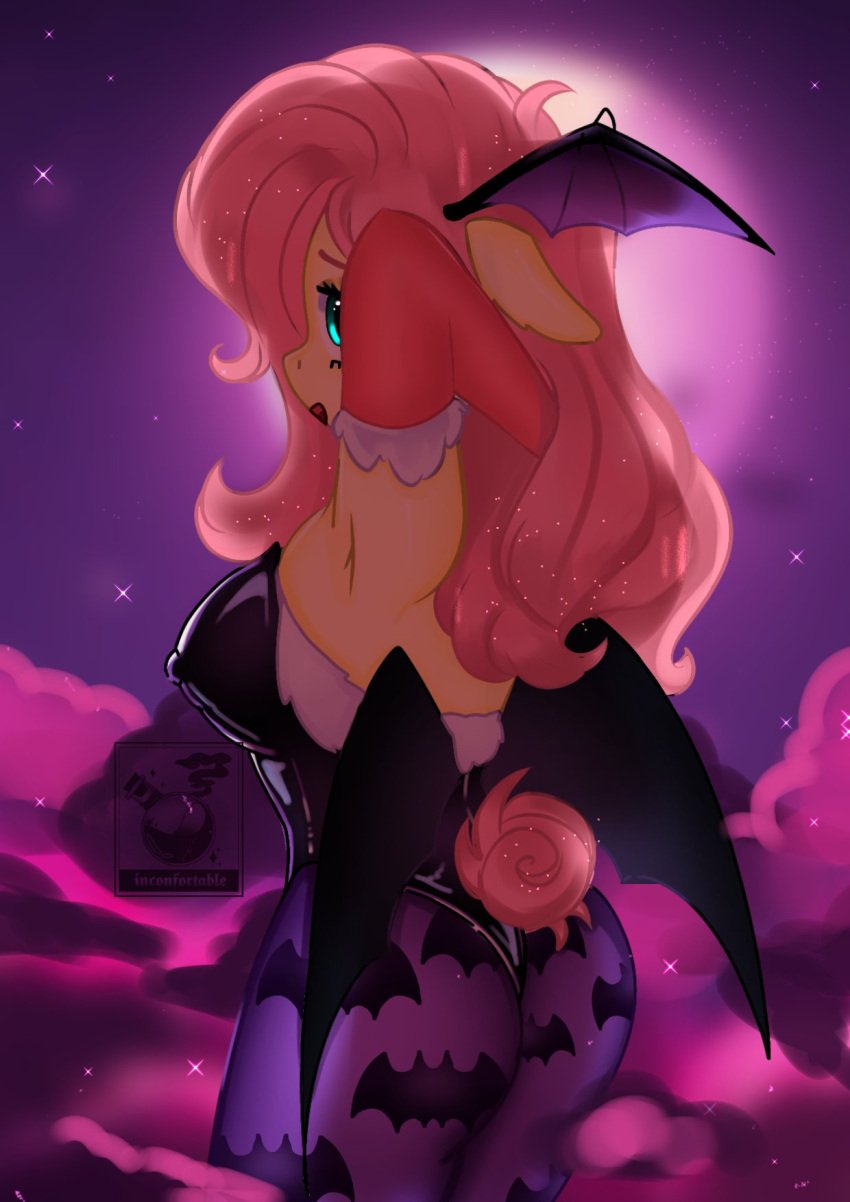 1girls bat_costume bat_pony bat_wings big_ass big_butt black_wings flutterbat_(mlp) fluttershy_(mlp) halloween halloween_costume horse inconfortable my_little_pony pink_hair pony rouge_the_bat_(cosplay) thighhighs yellow_fur