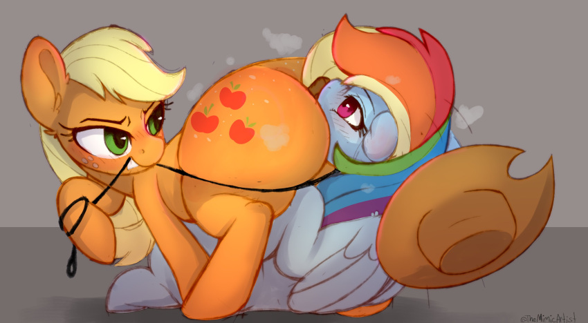 applejack_(mlp) ass big_butt blonde_hair blue_body bodily_fluids clothing cowboy_hat equid equine eyelashes female female/female feral feral_on_feral freckles friendship_is_magic hair hasbro hat headgear headwear hi_res leash mammal multicolored_hair my_little_pony oral orange_body pupils rainbow_dash_(mlp) rainbow_hair sweat themimicartist thick_thighs