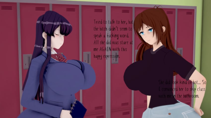 2girls blue_eyes brown_hair class_of_'09 comic crossover crybabyfuta futanari happy huge_ass huge_breasts koikatsu komi-san_wa_komyushou_desu komi_shouko multiple_girls nicole_(class_of_'09) school smiling text