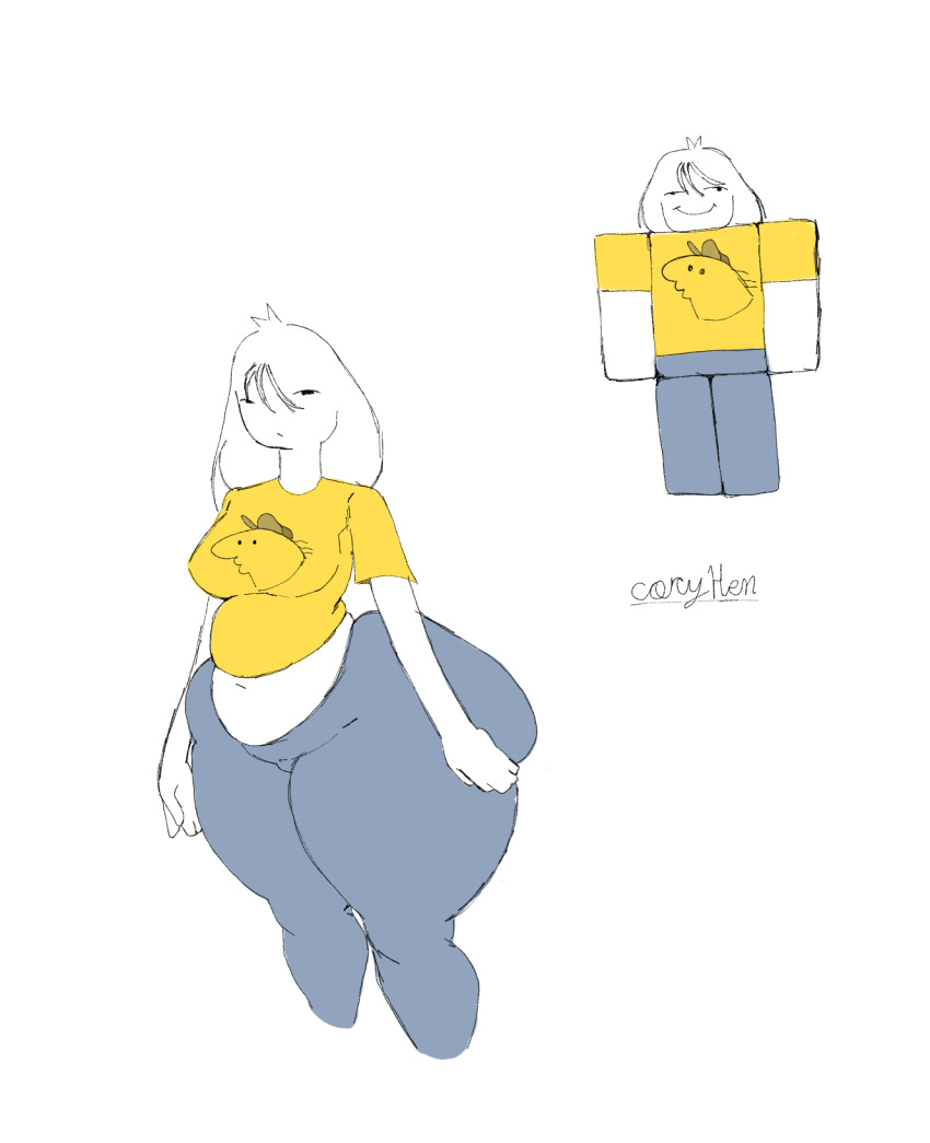 1girls bored_expression charlie_(smiling_friends) chubby chubby_female clothed coryhen_(artist) plump roblox robloxian smiling_friends thick_thighs wide_hips yellow_shirt