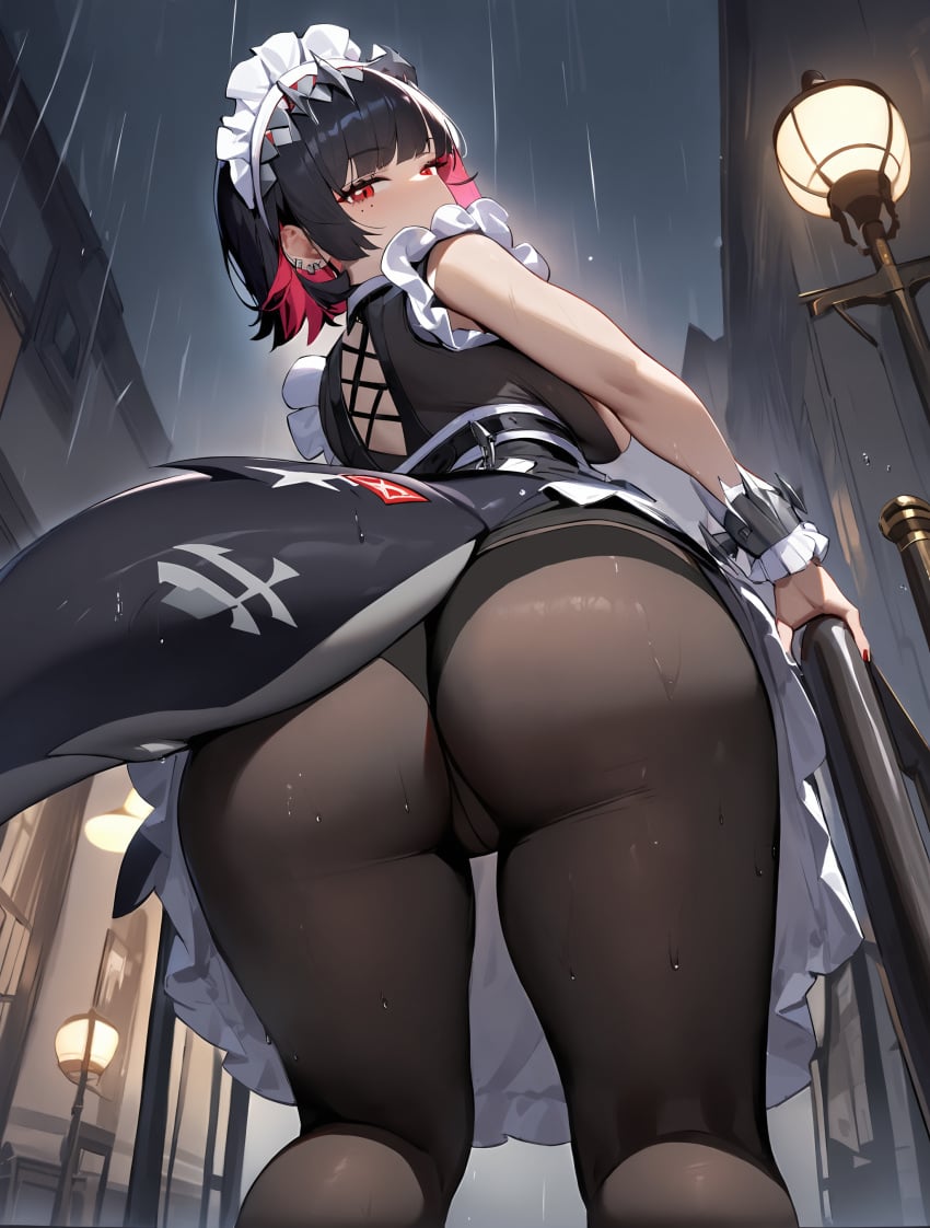 ai_generated ass ass_focus black_hair ellen_joe female_only large_ass looking_at_viewer looking_back maid maid_uniform pantyhose raining shark_girl shark_tail short_hair solo tail zenless_zone_zero