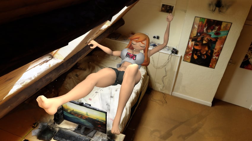 3d bed bedroom big_ass big_breasts big_butt big_thighs black_shorts feet feet_up female_only garry&#039;s_mod glitch_productions growth long_arms long_legs meggy_(smg4) meggy_spletzer mini_giantess orange_hair sleeping slim smg4 thick_thighs white_shirt
