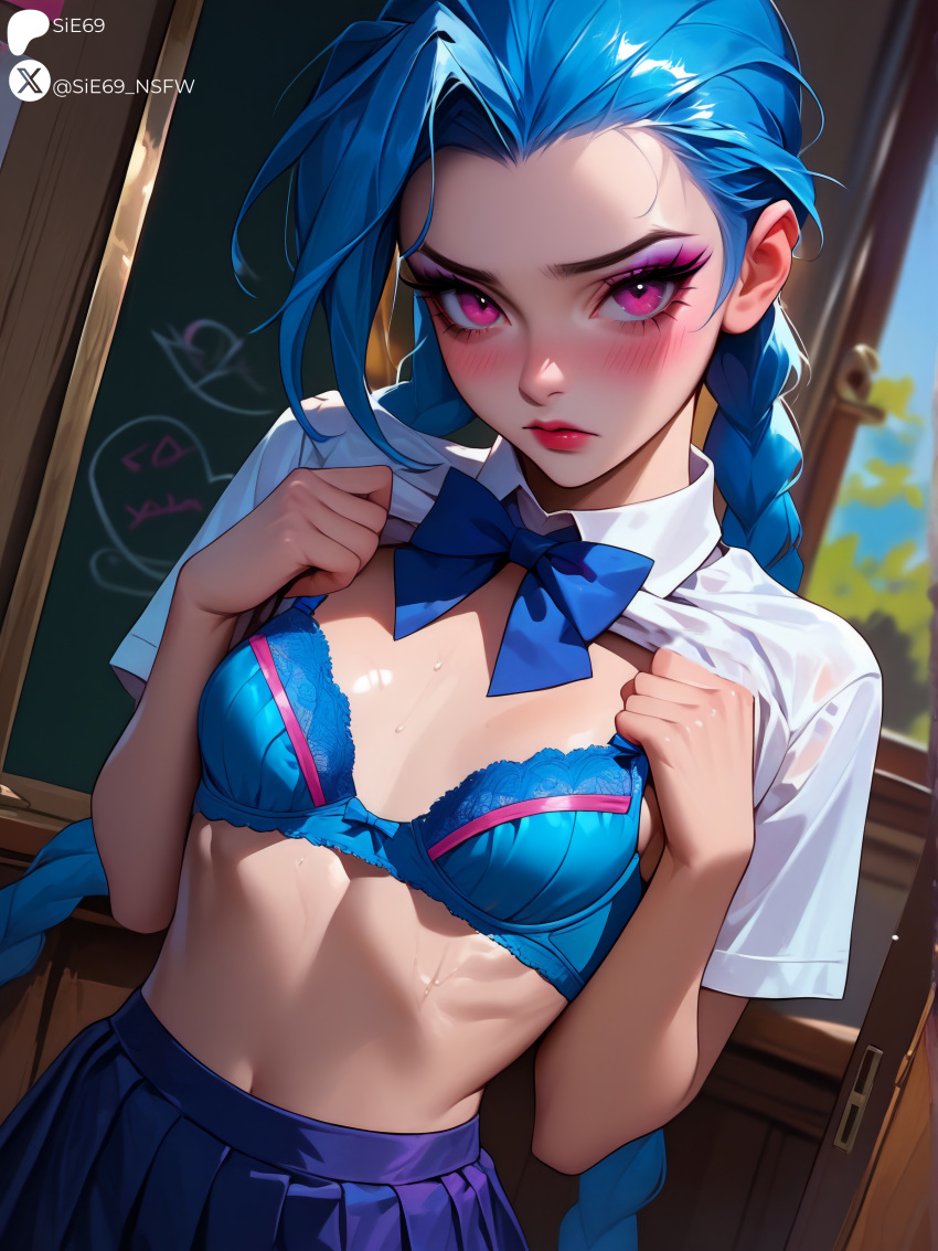 ai_generated blue_bra blue_hair classroom clothes_lift female jinx_(league_of_legends) league_of_legends school_uniform shy sie69 skirt small_breasts stable_diffusion