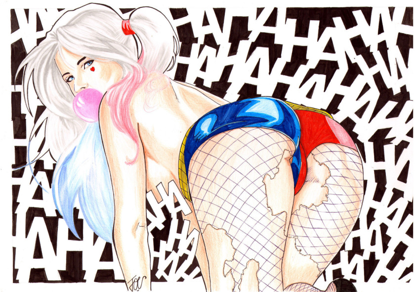 1girls ass back_view bent_over blowing_bubblegum harley_quinn joe_lima shorts topless torn_fishnets