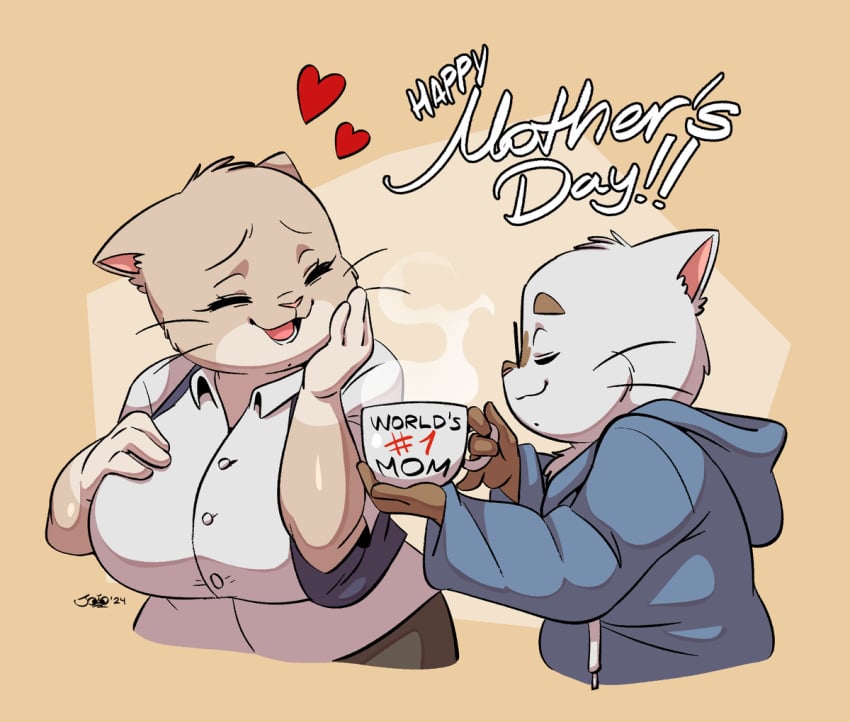 1boy 1girls anthro female joaoppereiraus male mother mother_and_son mothers_day mug tagme toshio_nakamura yui_nakamura