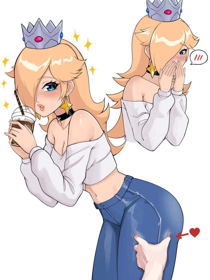 1girls alternate_costume blonde_hair blue_eyes blush cup drink jeans mario_(series) nintendo one_eye_obstructed pants princess_rosalina saikoartanime thigh_grab