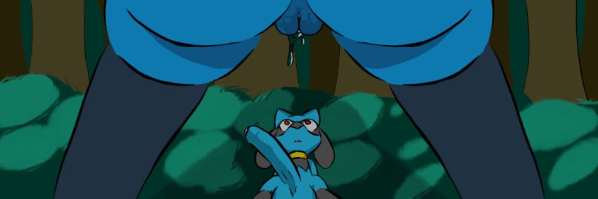 age_difference aroused ass banner becoming_erect big_balls big_butt big_penis canii caught erection forest forest_background half-erect humanoid_genitalia humanoid_penis humanoid_pussy imminent_sex larger_female level_difference long_penis lucario nature nature_background pokemon_(species) pussy riolu size_difference small_but_hung smaller_male thick_thighs vaginal_fluids wet wide_hips
