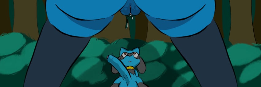 age_difference aroused ass banner becoming_erect big_balls big_butt big_penis caught erection forest forest_background half-erect humanoid_genitalia humanoid_penis humanoid_pussy imminent_sex larger_female level_difference long_penis lucario nature nature_background penis pokemon_(species) pussy riolu size_difference small_but_hung smaller_male tanbagel_ thick_thighs vaginal_fluids wet wide_hips