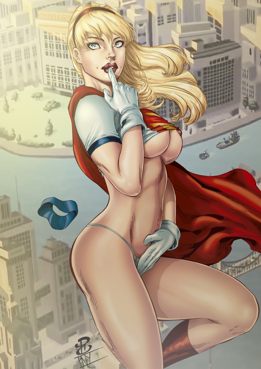 1girls belly blonde_hair blue_eyes boots breasts cape cleavage covered_breasts covered_nipples dc dc_comics deviantart_link erect_nipples female female_only gloves high_resolution hips kara_zor-el large_breasts legs long_hair navel nipple_bulge nipples panties pantsu renato_camilo shirt shirt_lift shoes skimpy_costume solo supergirl superman_(series) thighs thong tony_ramirez underwear