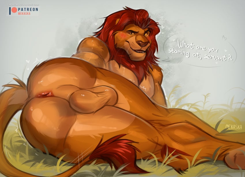 2024 anthro anus ass balls disney english_text felid fur genitals hi_res lion looking_at_viewer male mammal mane mekaska mufasa multicolored_body multicolored_fur pantherine red_mane solo speech_bubble tan_body tan_fur text the_lion_king two_tone_body two_tone_fur