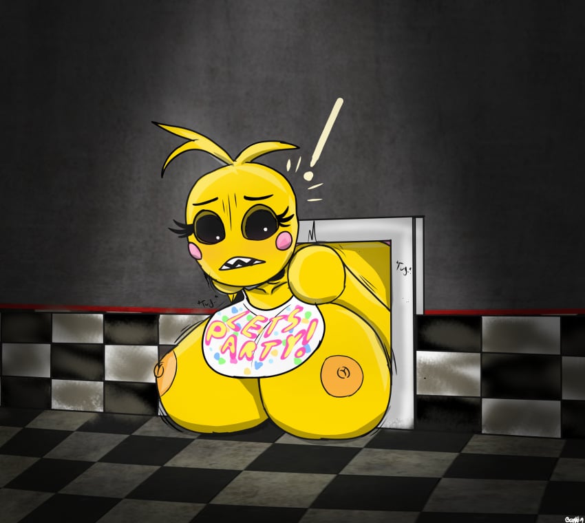 1girls animatronic animatronic_female anthro beakless big_breasts bray-din breasts breasts_bigger_than_head breasts_out chicken female five_nights_at_freddy&#039;s five_nights_at_freddy&#039;s_2 robot scottgames stuck stuck_in_wall through_wall toy_chica_(fnaf)