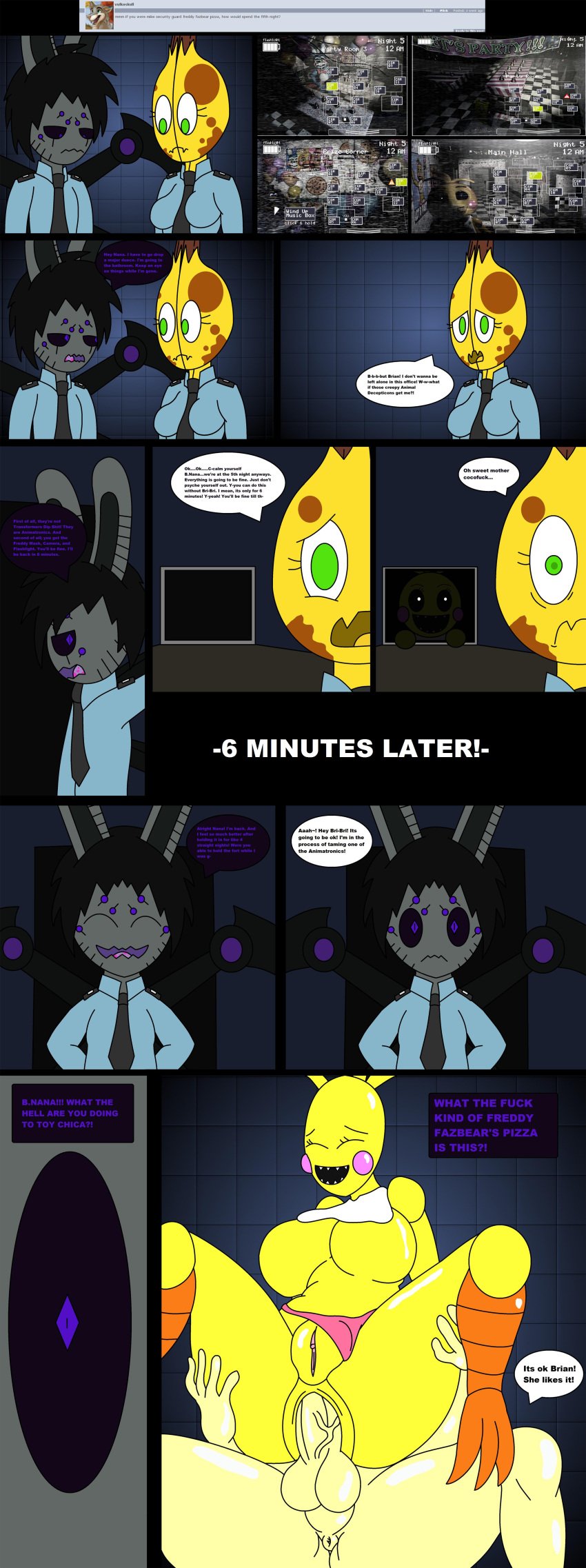 1boy 1futa 1girls 2015 anal_sex anthro brian_(thespiderbunny) comic dialogue female five_nights_at_freddy's five_nights_at_freddy's_2 futa_on_female futanari intersex male nana_(thespiderbunny) sex tagme thespiderbunny toy_chica_(fnaf) walked_in_on