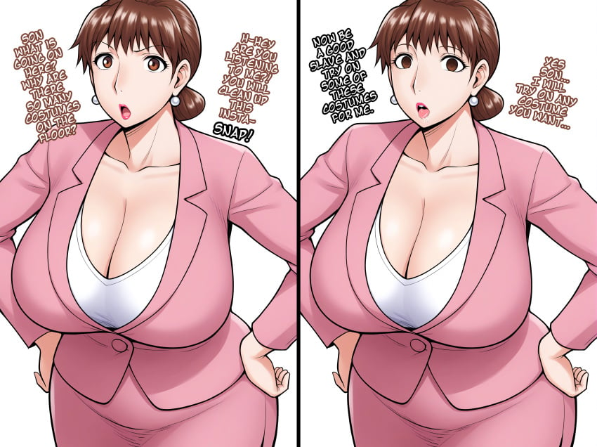 ai_generated brown_hair drooling expressionless hands_on_hips huge_breasts hypnosis ichijou_reiko_(jinsukeya) jinsukeya lipstick milf mind_control suit