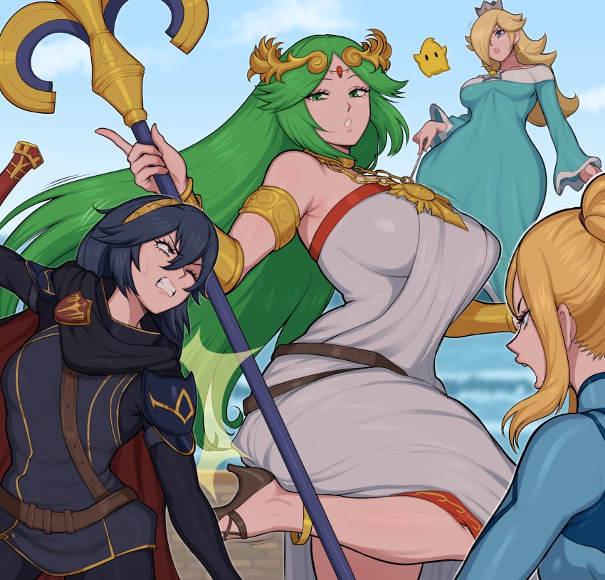 4girls afrobull blonde_hair blue_eyes blue_hair breasts crossover female female_only fire_emblem fire_emblem_awakening green_eyes green_hair human kid_icarus large_breasts long_hair lucina_(fire_emblem) luma mario_(series) medium_breasts metroid nintendo palutena princess_rosalina samus_aran small_breasts source_request super_smash_bros. very_long_hair