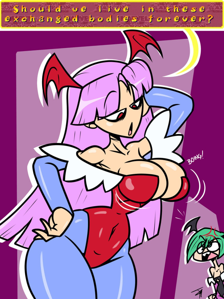 body_swap darkstalkers female head_wings juramg lilith_aensland morrigan_aensland pink_hair red_eyes succubi succubus