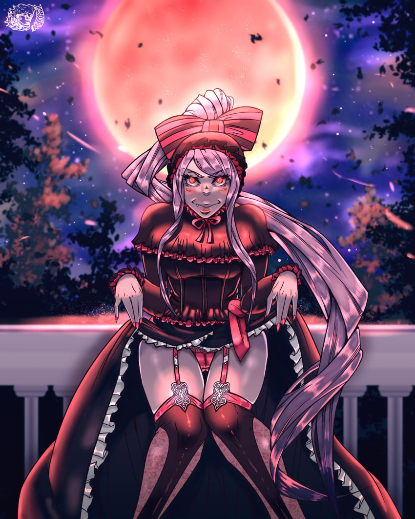 1girls blood_moon clothing curvaceous curvy curvy_figure dress dress_lift female female_only garter_straps glowing_eyes kbloodsaw legwear long_hair mostly_clothed oerba_yun_fang overlord_(maruyama) panties red_eyes shalltear_bloodfallen solo solo_female tagme thighhighs vampire vampire_girl white_hair