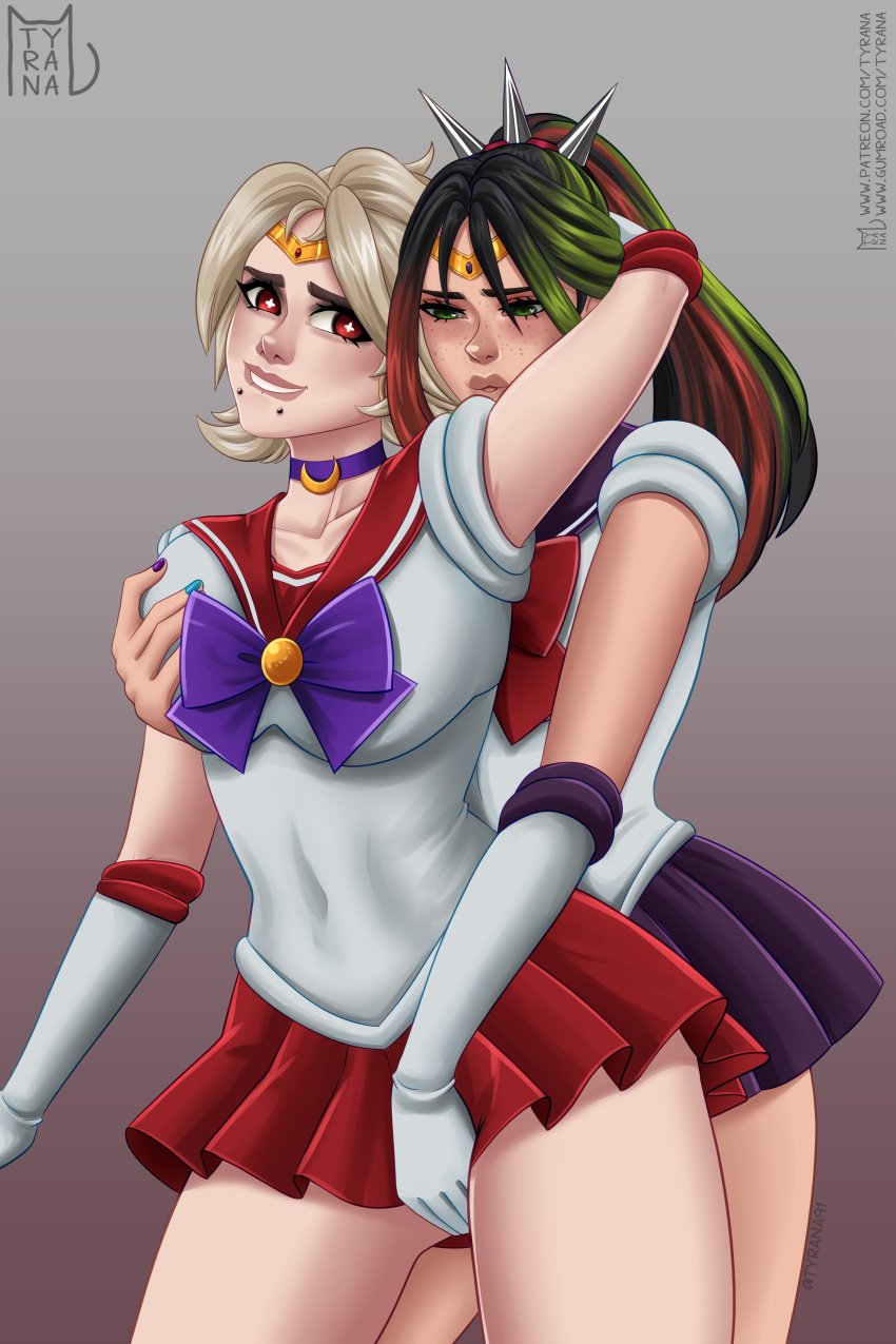 2girls clothed clothed_female face_piercings female/female female_only fingering fingering_partner fortnite helsie_(fortnite) joni_(fortnite) lesbian piercing sailor_uniform simple_background snakebite_piercing straight tagme tyrana yuri