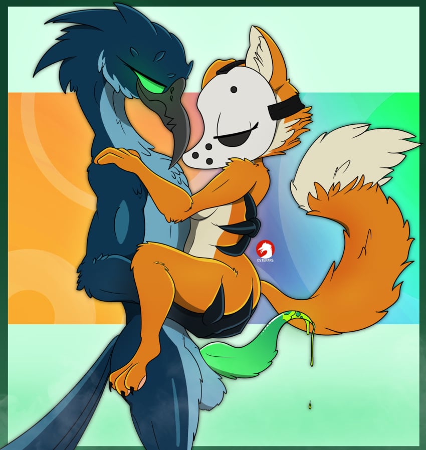 absolon_(hamuria) anthro avery_(hamuria) avian balls beak bird canid canine duo duo_focus erection face_mask female fox genitals green_eyes group hamuria hi_res male male/female mammal mask osterars penis sex signature tail tapering_penis watermark