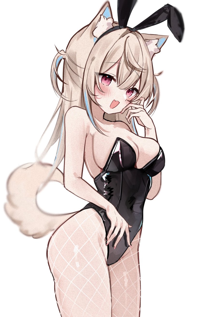 ass big_breasts blush breasts bunny_ears bunnysuit cat_ears cat_tail cleavage female female_only fishnets fully_clothed fuwamoco fuwawa_abyssgard hololive hololive_english hololive_english_-advent- leotard looking_at_viewer meiwowowo revealing_clothes shiny_clothes virtual_youtuber white_fishnets