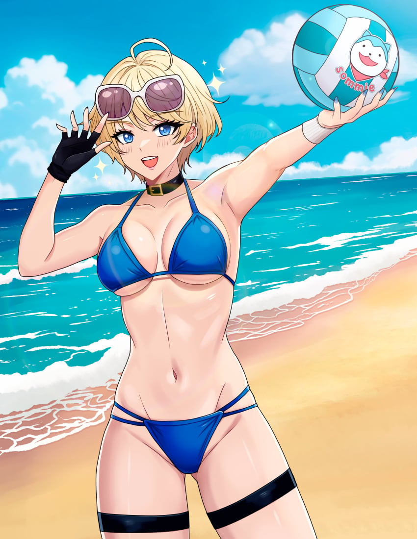 1girls absurdres ahoge alternate_costume beach bikini black_choker black_gloves blonde_hair blue_bikini blue_eyes blue_nails blue_swimsuit breasts choker commission female female_only fingerless_gloves fingernails fire_emblem fire_emblem_engage gloves highres long_fingernails looking_at_viewer medium_breasts merrin_(fire_emblem) messy_hair nail_polish navel nintendo non-web_source ocean rein_creamsoda sand short_hair sideboob single_fingerless_glove solo sommie_(fire_emblem) sunglasses sunglasses_on_head swimsuit thigh_strap underboob volleyball