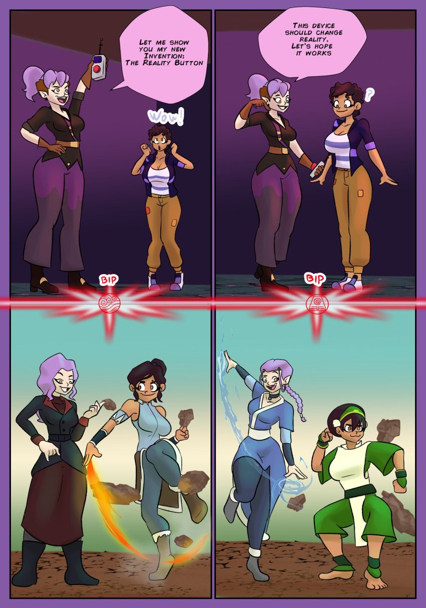 2girls amity_blight asami_sato_(cosplay) avatar_legends avatar_the_last_airbender big_ass big_breasts canon_couple comic cosplay couple dark_skin dialogue disney dyed_hair english_text evil_raccoon female katara_(cosplay) korra_(cosplay) luz_noceda nickelodeon pale_skin pointy_ears ponytail purple_hair shapeshifting short_hair speech_bubble text the_legend_of_korra the_owl_house the_owl_house_(finale) toph_bei_fong_(cosplay) white_skin witch yuri