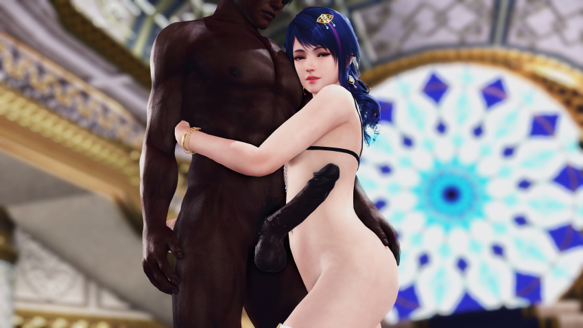 1boy 1girls 3d blue_hair dark-skinned_male dark_skin dead_or_alive dead_or_alive_xtreme_venus_vacation female female_focus interracial interracial_sex kobe_teeth light-skinned_female light_skin lobelia_(dead_or_alive) male penis small_breasts tagme