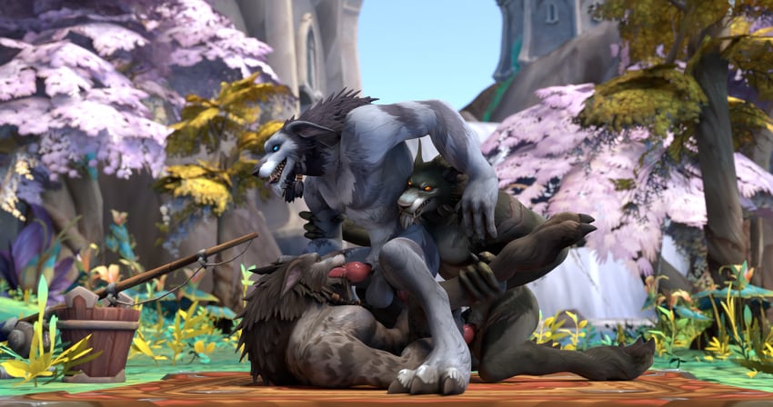 anal anthro anthro_on_anthro blizzard_entertainment canid cowgirl_position from_front_position group hi_res knot lying male male/male mammal missionary_position on_back on_bottom on_top oral outside perromalo sex smile trio warcraft were werecanid worgen