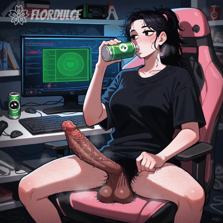 1futa ai_generated ball_hair black_eyes black_hair black_shirt bottomless briang1748 computer dark_penis dirty_penis drinking erect_penis erection female_leg_hair flordulce futa_only futanari gamer_girl gaming_chair gaming_headset gaming_pc gaming_room hairy_balls hairy_legs hairy_testicles indoors leg_hair messy_hair neet penis ponytail pubic_hair room shirt sitting smegma solo_futa spread_legs sweaty_gamer_girl_(briang1748) testicles