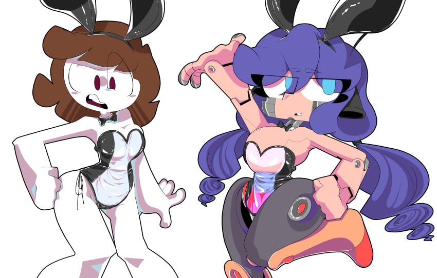 1girl 1girls 2020s bathing_suit big_eyes blue_eyes blue_hair brown_hair bunny_ears bunny_ears_hair_ornament bunny_ears_headband candy_girl cute cute_face eyebrows eyebrows_visible_through_hair female gummy_creature hand_in_air hand_on_hip hand_up happylikeawall happylikeawall_(artist) irritated joints macey_(happylikeawall) mad metal monochromatic_skin oc original_character pale-skinned_female pale_skin pale_skinned purple_eyes rabbit_ear_hairband rabbit_ears rivets robot_girl self_insert toony torsowear twintails white_skin white_skin_(monochrome) youtube youtube_avatar youtuber youtuber_girl