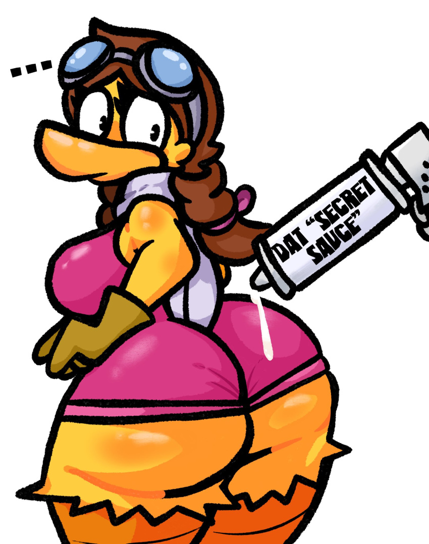 2024 2d 2d_(artwork) 2d_artwork anthro ass avian big_ass big_breasts big_butt big_thighs bird bird_girl birdie_the_early_bird breasts brown_hair canary digital_art digital_drawing_(artwork) digital_media_(artwork) female furry furry_female gloves goggles jumpsuit lewdewott looking_back mascot mcdonald&#039;s overalls sauce scarf thick_ass thick_butt thick_thighs yellow_feathers