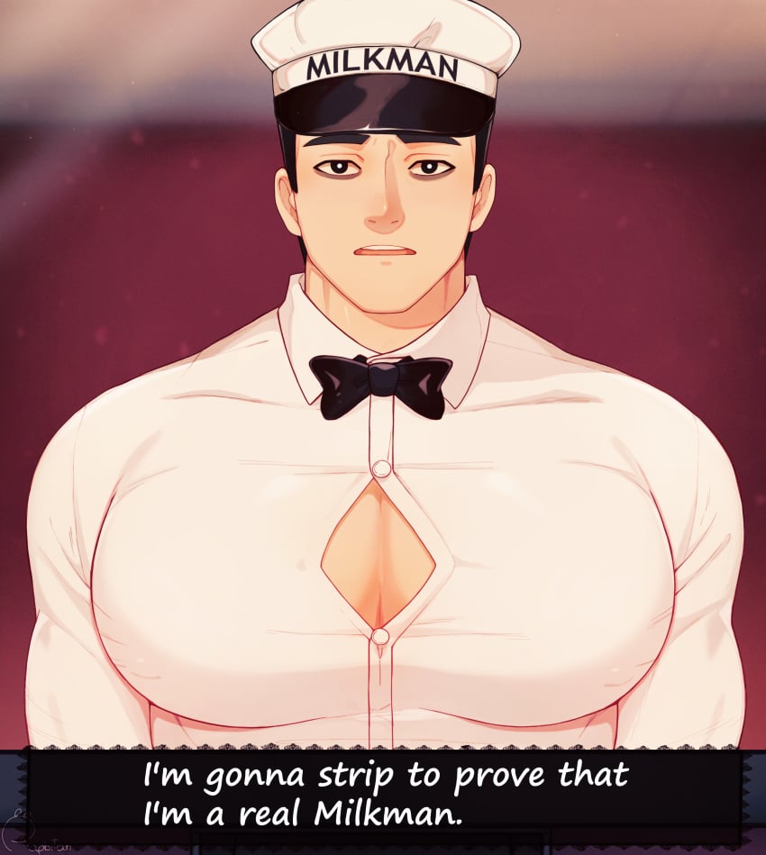 bara clothing english_text francis_mosses male male_only milkman muscular_male pecs rapbitan text that's_not_my_neighbor tight_clothing