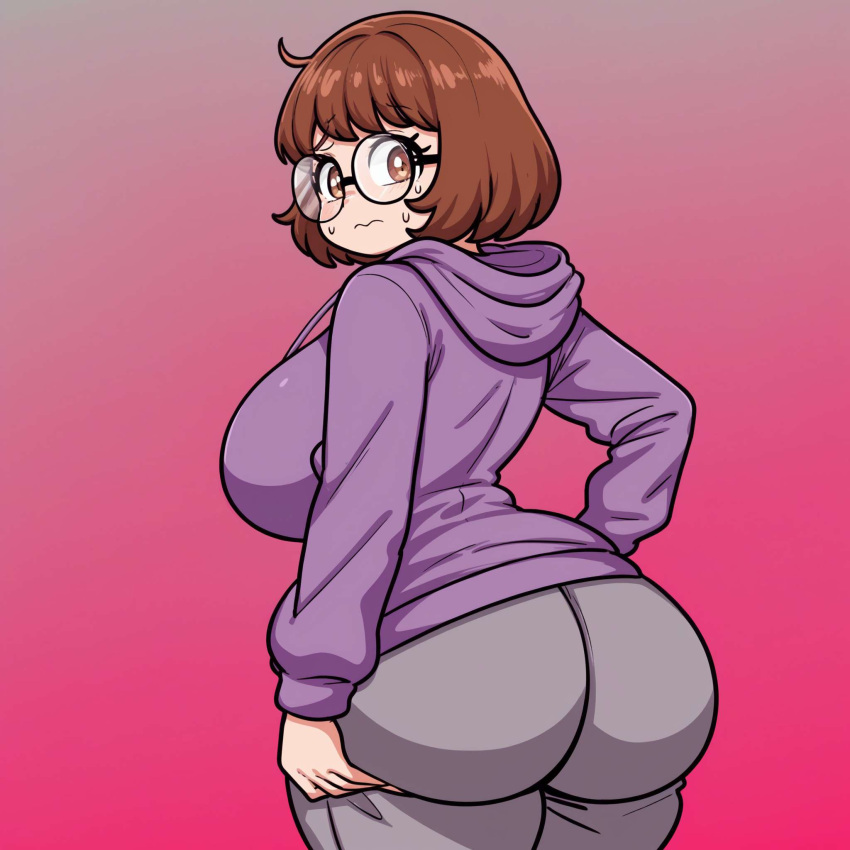 1girls ai_generated big_ass big_breasts bottom_heavy brown_hair dat_ass dork elizabeth_stein giant_ass glasses hazel_eyes hoodie huge_ass large_breasts nerd nerdy_female purple_hoodie short_hair sweatpants thick_thighs yodayo