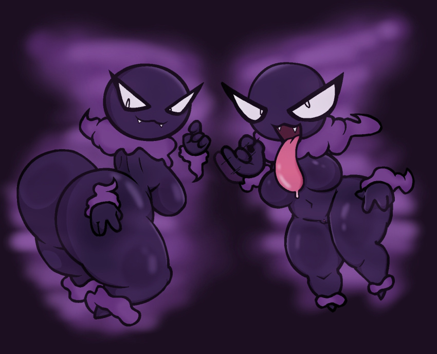 2024 anthro ass big_butt bodily_fluids breasts digital_drawing_(artwork) digital_media_(artwork) duo fangs female floating floating_hands front_view gastly generation_1_pokemon genitals hand_on_butt hi_res lewdewott long_tongue looking_at_viewer navel nintendo pokemon pokemon_(species) purple_background purple_body pussy rear_view saliva saliva_on_tongue simple_background smile teeth thick_thighs tongue tongue_out