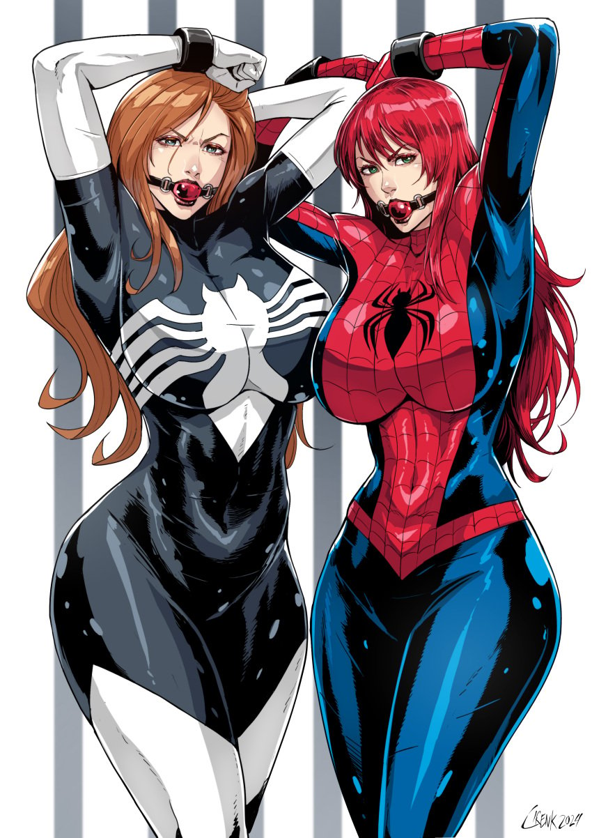 2020s 2024 2_bodysuits 2girls athletic_female ball_gag big_breasts bodysuit breasts brown_hair cirenk fit_female hourglass_figure huge_breasts human julia_carpenter large_breasts long_hair looking_at_viewer marvel marvel_comics mary_jane_watson multiple_girls red_hair skin_tight slim_waist spider-man_(series) spider-woman thick_thighs wide_hips