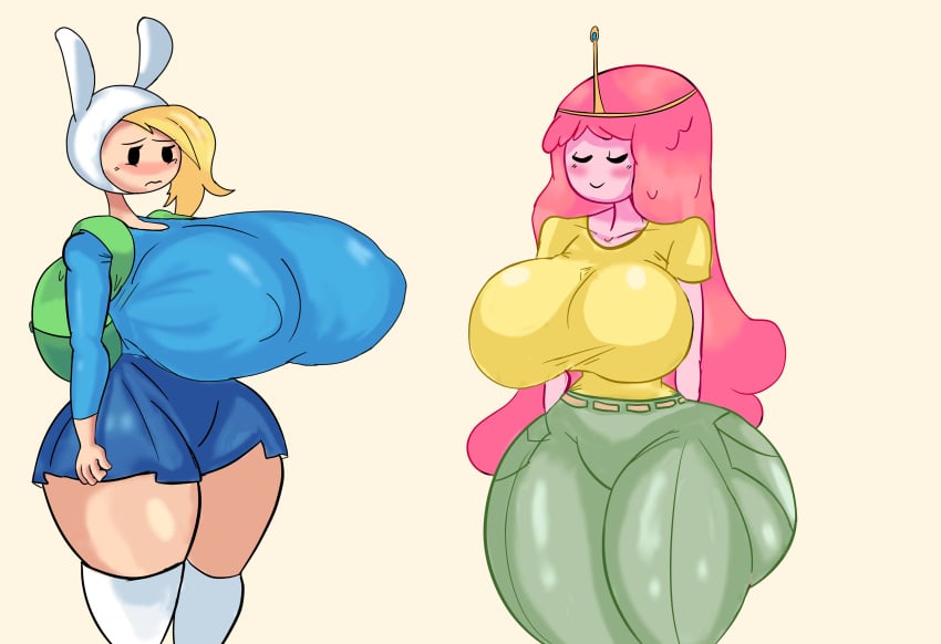 2girls adventure_time backpack bag big_breasts clothing female fionna_campbell fionna_the_human_girl human multiple_girls nipple_bulge nipples_visible_through_clothing pale_skin princess_bubblegum vomitklok