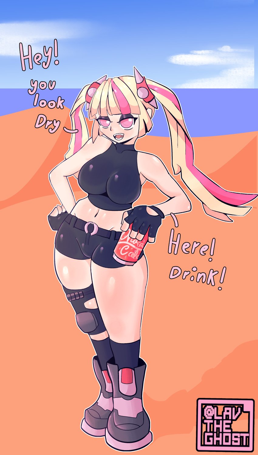 
clothed big_breasts blonde_hair clothing fortnite fortnite:_battle_royale lavtheghost lennox_rose_(fortnite) navel pink_eyes shorts thick_thighs twintails