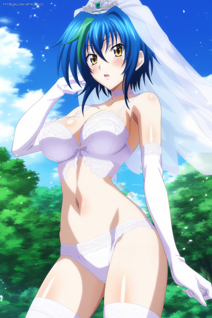 1female 1girls ai_assisted ai_generated artkoikoi big_breasts breasts commentary_request english_commentary hi_res high_school_dxd highres koikoi light-skinned_female light_skin very_high_resolution wedding_dress xenovia_quarta