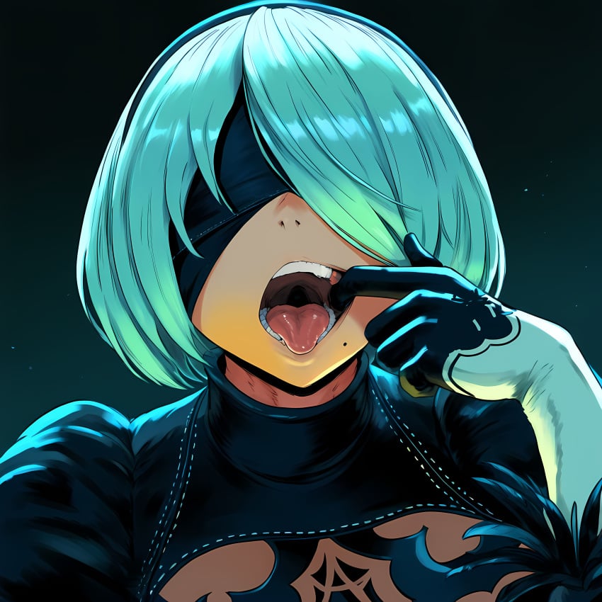 1girls ai_generated android beauty_mark blindfold blindfolded clothed_female dark_background female female_only finger_in_mouth inside machine mouth_hold mouth_pull nier nier:_automata nier_(series) no_sex open_mouth robot robot_girl robot_humanoid sfw showing_teeth throat tongue tongue_out white_hair white_skin yorha_2b