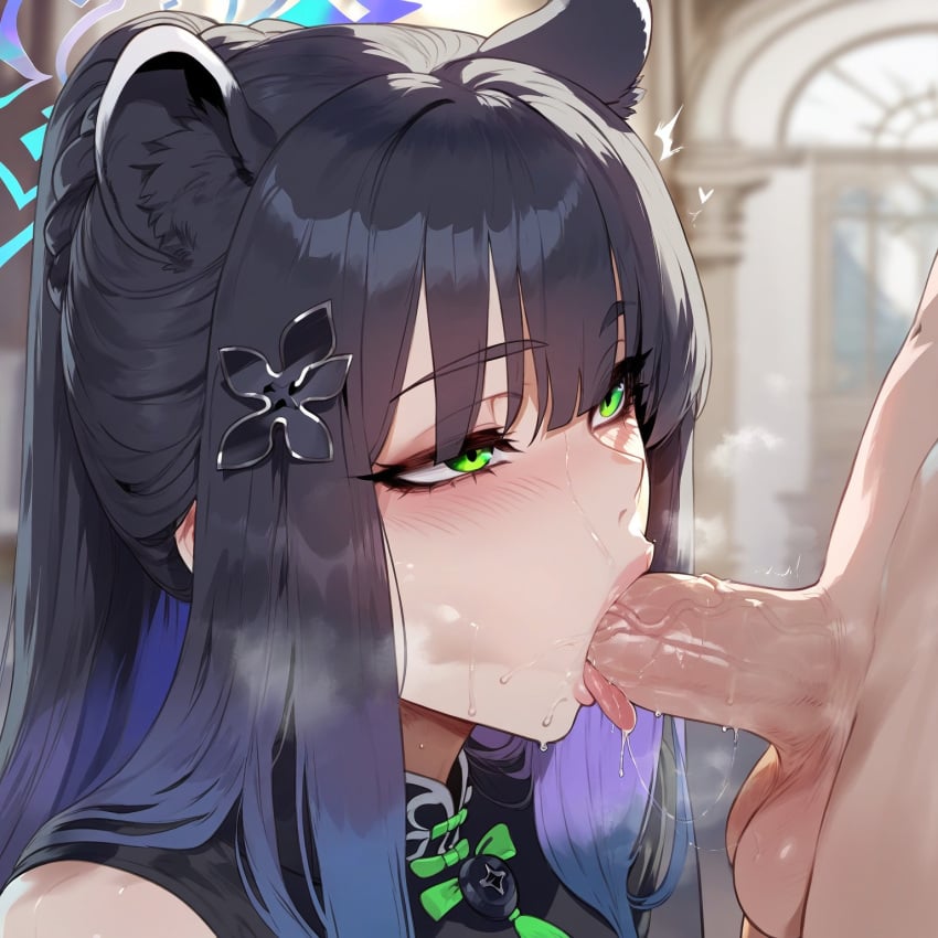 absurd_res ai_generated angel_halo animal_ears black_hair blue_archive clothed_female_nude_male fellatio green_eyes high_ponytail indoors liu_(artist) ponytail saliva saliva_trail shun_(blue_archive) straight sucking sucking_penis tongue vacuum_fellatio