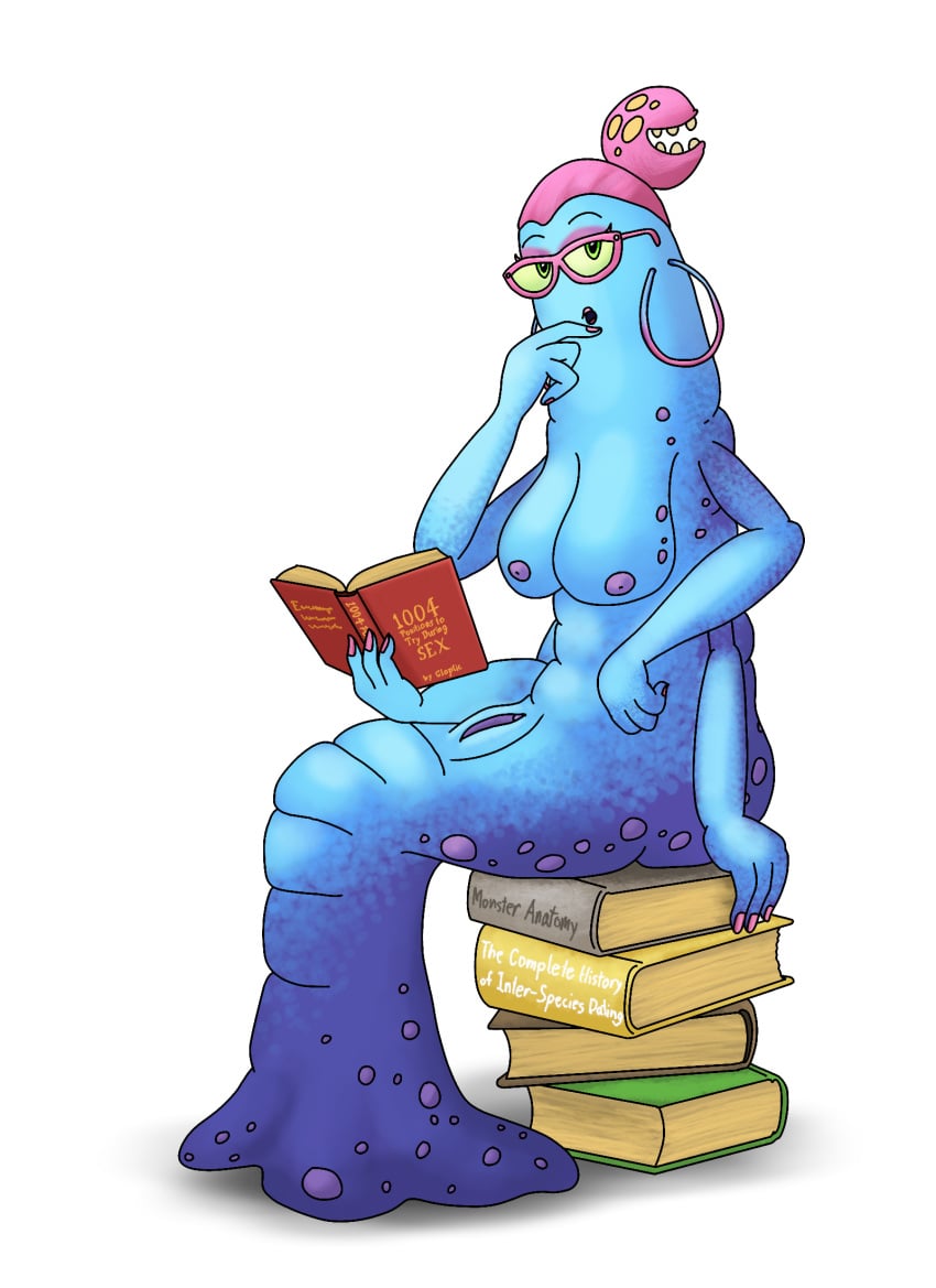 1monster 4_arms :o anthro big_blue_bubble big_breasts blank_background blue_body blue_skin boo'qwurm book books breasts casual casual_exposure casual_nudity earrings english_text eyelashes eyeshadow glasses green_eyes green_sclera hair hair_bun hair_mouth hand_to_own_mouth jewelry looking_at_viewer m10dor34 megane multi_arm multi_limb my_singing_monsters no_legs pink_eyeshadow pink_glasses pink_hair pink_lips pink_lipstick pink_nails plain_background purple_nipples purple_spots pussy reading reading_book simple_background single_hair_bun sitting sitting_on_books solo spotted_body three_fingers vagina white_background worm yellow_sclera yellow_spots yellow_teeth